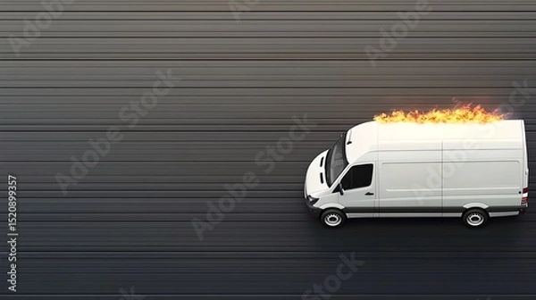 Fototapeta Emergency response burning van on highway dynamic action scene urban environment aerial view urgent incident
