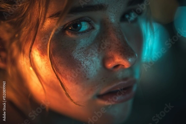 Obraz Close-up artistic portrait with teal and orange lighting effects