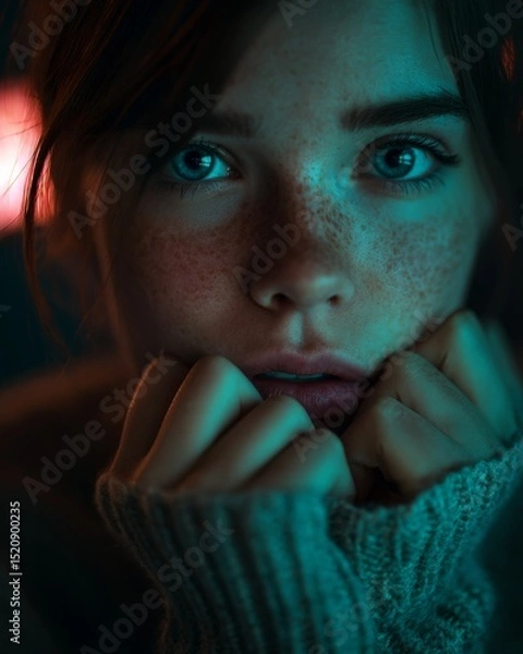 Obraz Close-up artistic portrait with teal and orange lighting effects