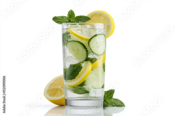 Fototapeta refreshing cucumber lemonade with slices of lemon and fresh mint leaves served in clear glass