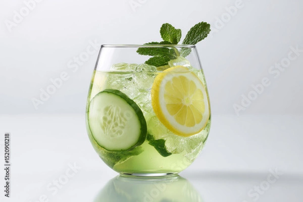 Fototapeta refreshing cucumber lemonade with slices of lemon and fresh mint leaves served in clear glass