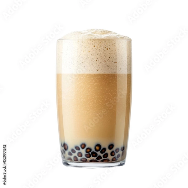Fototapeta Creamy bubble tea with tapioca pearls, served in tall glass, offers refreshing and delightful experience