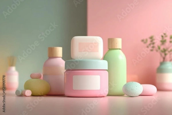 Obraz Pastel-toned skincare product containers arranged in clean, natural light