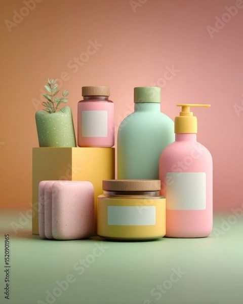 Obraz Pastel-toned skincare product containers arranged in clean, natural light