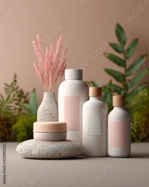 Obraz Pastel-toned skincare product containers arranged in clean, natural light