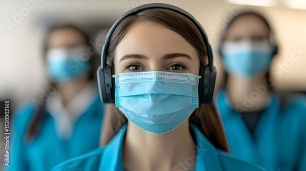 Fototapeta Healthcare professionals wearing masks during covid-19 hospital setting teamwork indoor close-up safety measures