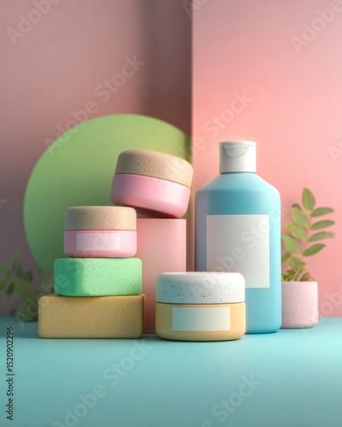 Obraz Pastel-toned skincare product containers arranged in clean, natural light