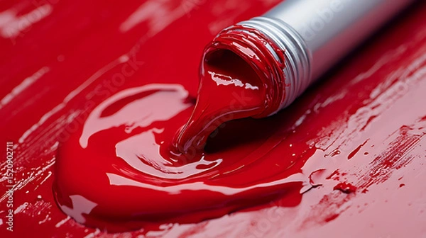 Fototapeta Crimson paint flowing fluidly from a silver tube creating vibrant abstract patterns on a red surface artistic expression
