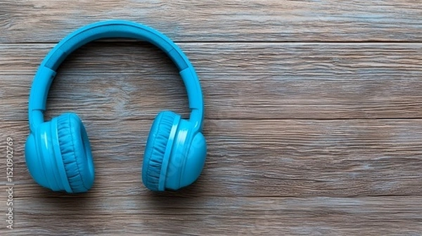 Fototapeta Exploring sound quality blue headphones on wooden surface product photography indoor close-up audio experience