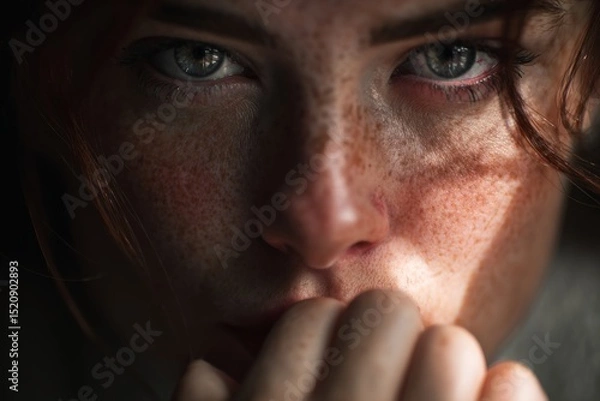 Obraz Close-up of a freckled woman’s face with piercing eyes and soft lighting