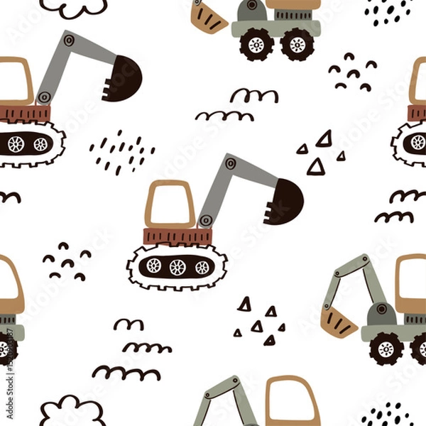 Obraz Seamless vector pattern with cute excavators in a whimsical children’s style on a white background. Perfect for kids’ fabric, nursery decor, boys’ clothing, wallpapers, and playful designs.