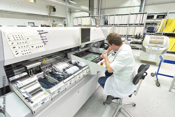 Fototapeta engineering in microelectronics: workers in the production and assembly of electronic high tech components in a modern factory