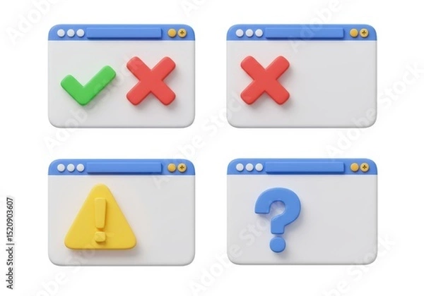 Fototapeta 3D rendering of check mark, cross mark, warning sign, and question mark icons isolated on white background