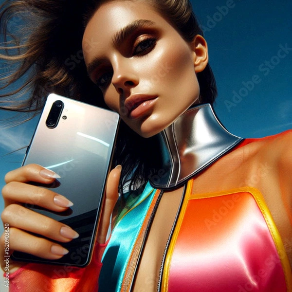 Obraz Futuristic Cyberpunk Model Holding a Smartphone with Metallic Accents