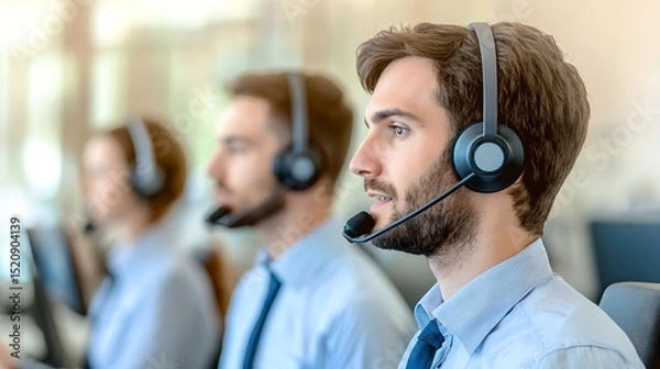Fototapeta Customer service representatives engaged in call center duties office environment professional setting focused viewpoint
