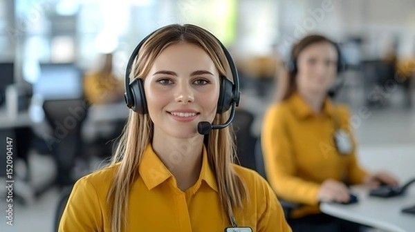 Fototapeta Customer service representative engaged in support tasks call center professional portrait modern workplace close-up virtual communication