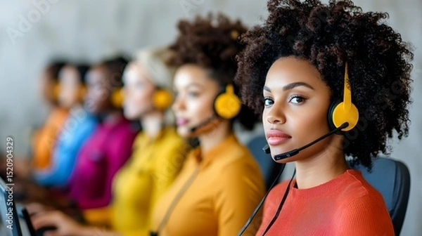 Fototapeta Customer service representatives engaging in communication at a call center professional environment focused viewpoint