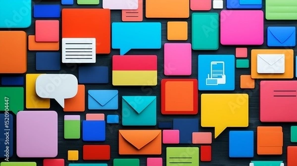Fototapeta Colorful speech bubbles and icons digital communication graphic design vibrant environment top view modern concept