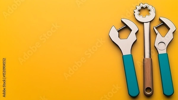 Fototapeta Tools for home improvement workshop photography yellow background close-up diy essentials