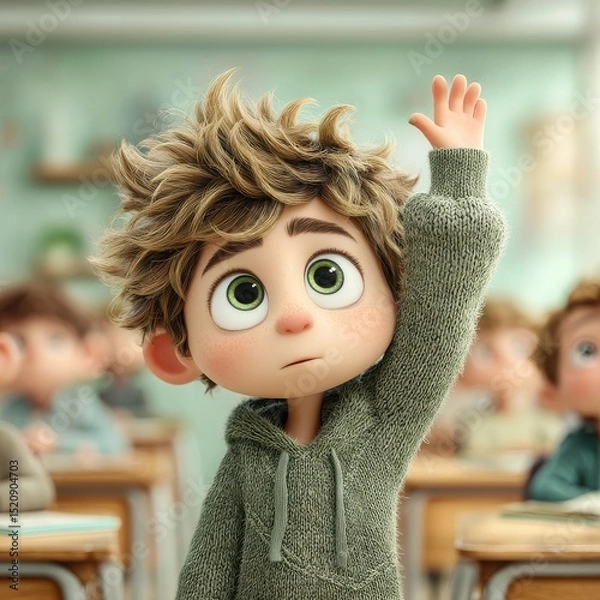 Obraz Young Boy Raising Hand in Classroom Seeking Attention for Answer