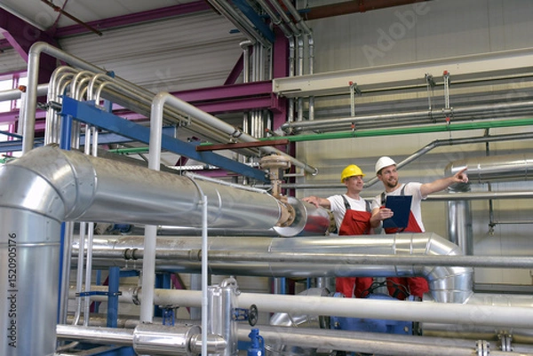 Fototapeta Mechanics repair a machine in a modern industrial plant - profession and teamwork - portrait group workman