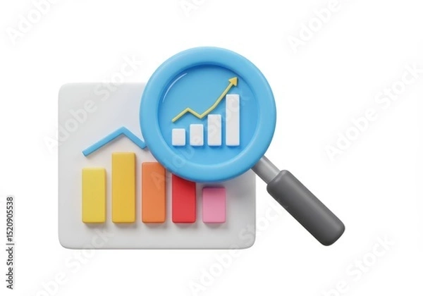 Fototapeta Illustration of a magnifying glass over a bar graph, isolated on white background