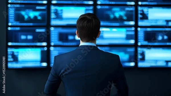 Fototapeta Monitoring cybersecurity threats control room digital data display high-tech environment professional viewpoint