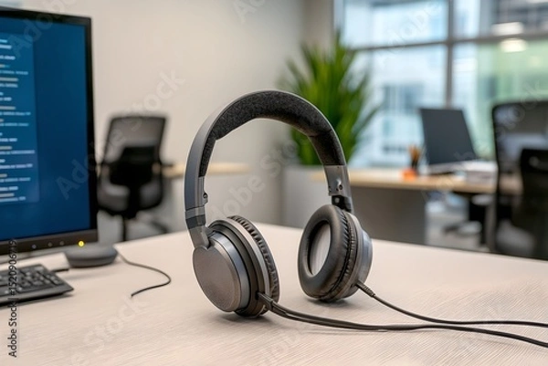 Fototapeta Office headphones for focused work modern workspace product image professional environment close-up technology use
