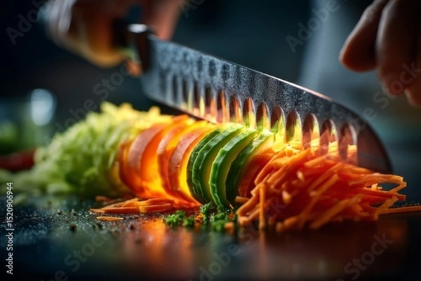 Obraz Close-up of food prep scene knife slicing vegetables with sharp shadow play, high contrast light and minimal background