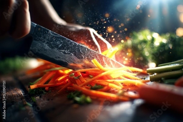 Obraz Close-up of food prep scene knife slicing vegetables with sharp shadow play, high contrast light and minimal background