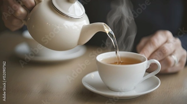 Fototapeta Pouring hot tea from a teapot into a cup cozy indoor setting close-up beverage scene relaxation concept