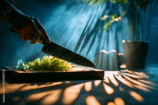 Obraz Close-up of food prep scene knife slicing vegetables with sharp shadow play, high contrast light and minimal background