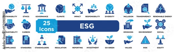 Fototapeta ESG  icon collection set. Containing sustainability,ethics,governance,climate,impact,responsibility,diversity,inclusion,transparency,renewable icon. solid icon vector