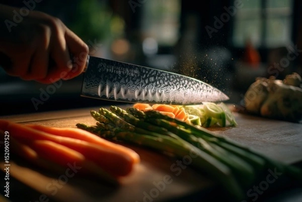 Fototapeta Close-up of food prep scene knife slicing vegetables with sharp shadow play, high contrast light and minimal background