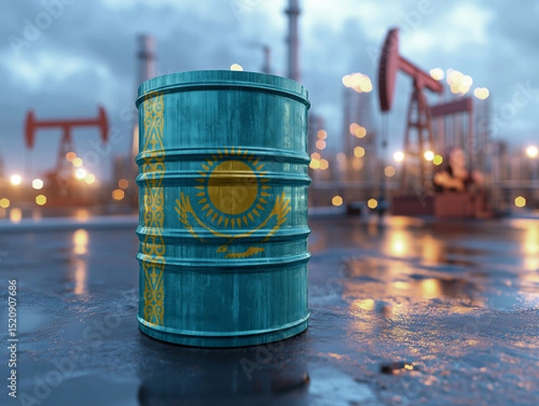 Fototapeta An oil barrel adorned with the Kazakhstan flag, set against the backdrop of an industrial oil field with pumpjacks at dusk. image symbolizes the oil industry and its significance to Kazakhstan