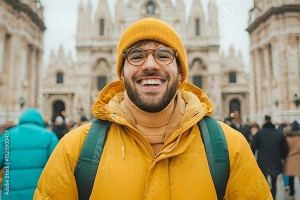 Fototapeta Joyful man smiling in yellow jacket milan portrait urban setting close-up happiness