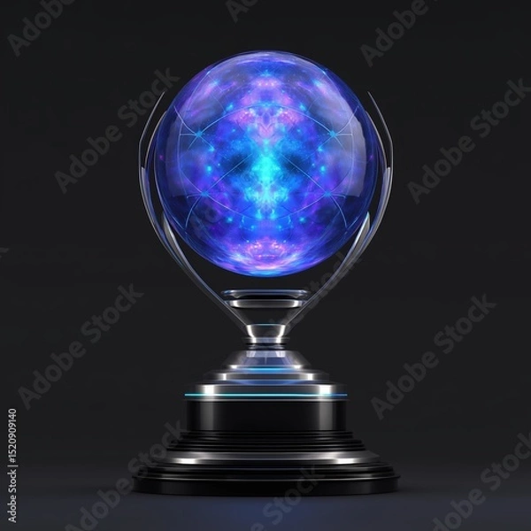 Fototapeta A prestigious global esports trophy with a globe centerpiece made of luminous glass, mounted on a polished black stone base