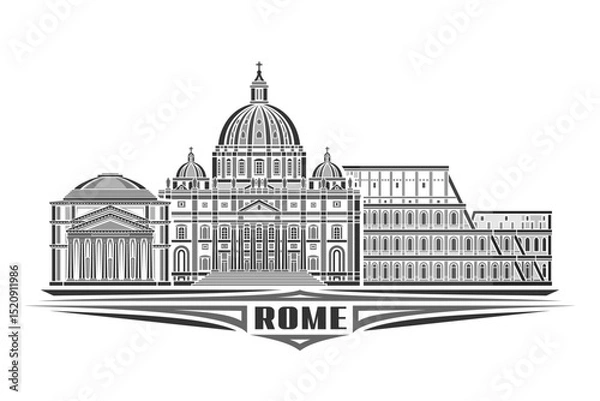 Obraz Vector illustration of Rome, monochrome horizontal card with linear design famous rome city scape, historical urban line art concept with decorative lettering for dark text rome on white background