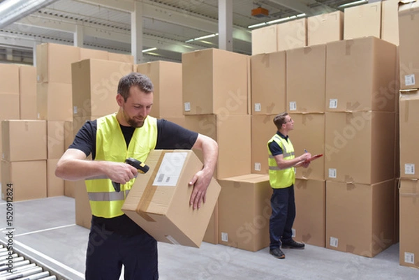 Fototapeta Worker in a warehouse in the logistics sector processing packages on the assembly line  - transport and processing of orders in trade