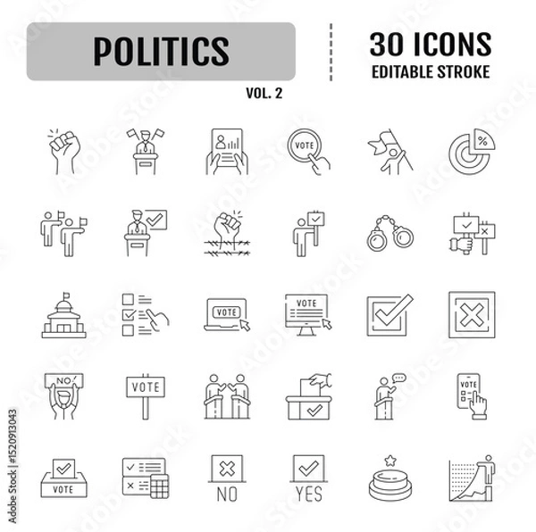 Fototapeta Poltics line icon set. Containing democracy, republic, monarchy, totalitarianism, authoritarianism, oligarchy. Editable stroke. Vector illustration