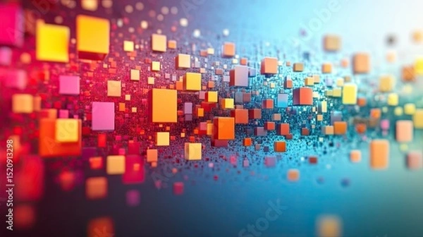 Fototapeta A vibrant array of colorful cubes floating in a blurred space with a gradient background effect
