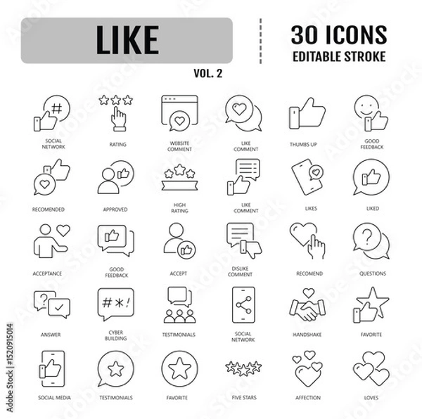 Fototapeta Like icon set. Containing thumbs up, favorite, liked, favorable, positive, appreciation, affirmative, validation and more. Editable stroke. Vector illustration