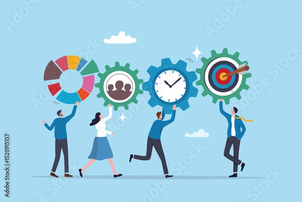 Obraz Optimization, improvement or strategy to improve result to increase efficiency or productivity to reach goal or target success, business people connect cogwheel gear to optimize result to reach goal.