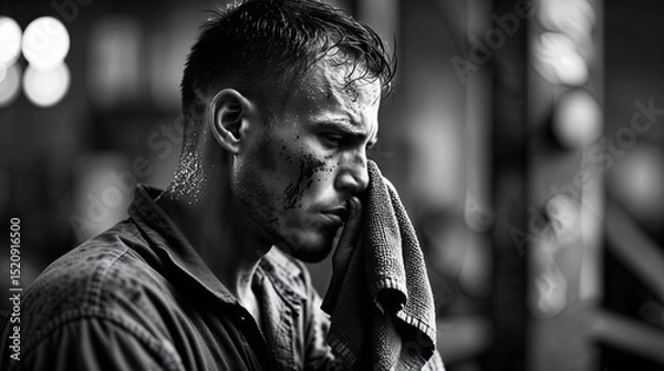 Fototapeta Man wipes sweat from his face in a gritty gym environment during an intense training session