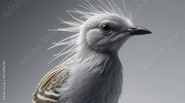 Fototapeta Unique close-up of a striking bird with an elaborate crest and soft gray plumage in a neutral background
