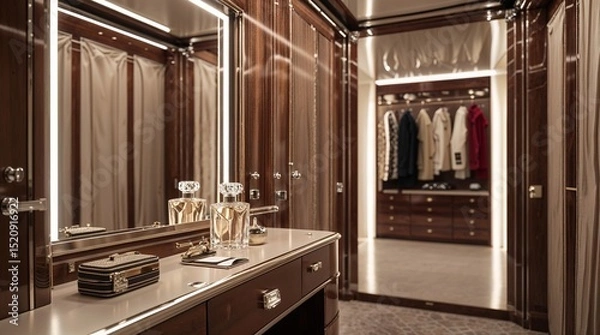 Obraz Luxurious walk-in closet design featuring elegant storage and organized clothing arrangement