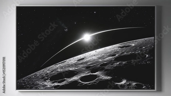 Obraz Moon landscape with craters under bright stars and distant planet in black and white art