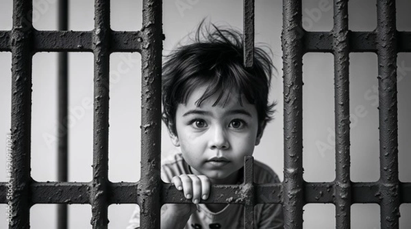 Fototapeta Young child looking through rusty bars in a stark environment, conveying innocence and curiosity in a gritty setting