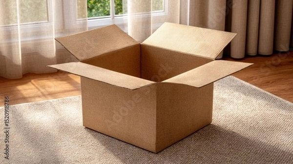 Obraz Modern home delivery a brown box parcel on the floor in a cozy environment
