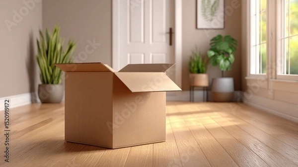 Obraz Modern home delivery brown box parcel on floor in cozy environment with natural light
